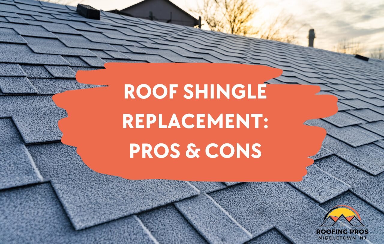 Blog image for an article titled "Pros and Cons of Roof Shingle Replacement." The image has a picture of new roof shingles with the title of the article overlayed on top.